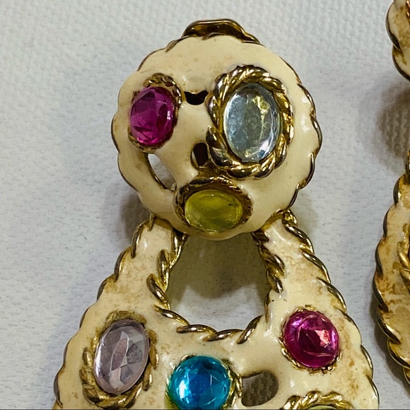 VINTAGE GORGEOUS DROP RHINESTONE STATEMENT COLORFUL COSTUME CLIP ON EARRINGS - Picture 4 of 12
